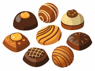 various chocolate pralines on white background. Assorted Chocolate Pralines Illustration - Perfect for Gourmet Desserts and Valentine's Day Designs.