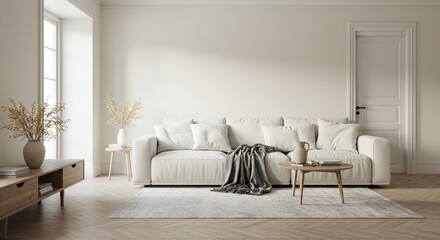 Modern Minimalist Living Room Interior Design with White Sofa Neutral Decor and Hardwood Floors