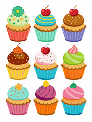 Colorful Cupcake Illustration Set with Creative Toppings - Perfect for Dessert and Party-Themed Designs.