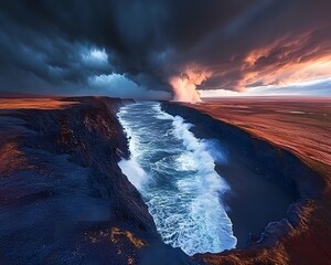 Naklejka premium Dramatic Coastal Cliffs Ocean Waves Stormy Sunset Landscape