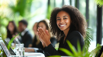 The smiling African American business woman applauds during a meeting at the table where other businessmen are sitting