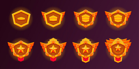 Golden level game rank badges set. 8 Realistic vector of gold hexagon with level progress symbol. Realistic flat design. Metallic style. Progress and awards.