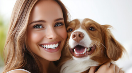Smiling young woman with her happy dog ​​in a bright environment