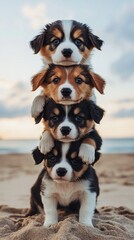 Adorable Stack of Four Tri colored Puppies on Sandy Beach at Sunset