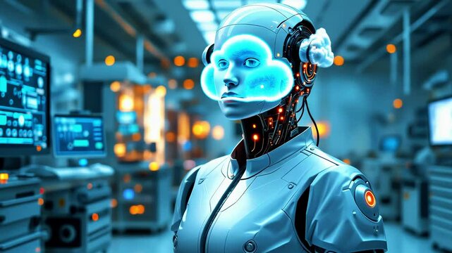 A futuristic humanoid robot with a cloud symbol, showcasing advanced technology and innovation.