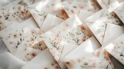 Romantic love letters sealed in envelopes with intricate floral designs, soft pastel colors, and elegant handwritten text.