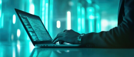 IT professional analyzing network security alerts on laptop, cross-checking system reports on tablet, in futuristic workspace