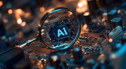 A magnifying glass highlights an advanced chip, representing future technology and symbolizing advanced artificial intelligence technology.