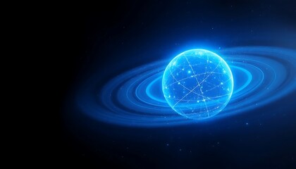 Obraz premium A pulsating orb of pure energy in electric blue, surrounded by concentric waves of bright white light, fading into a pitch-black void peppered with faint glowing particles