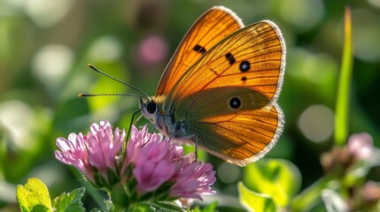 Obraz premium Close-up of a Meadow Brown butterfly feeding on a pink clover flower in a sunny garden