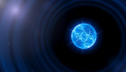 A pulsating orb of pure energy in electric blue, surrounded by concentric waves of bright white light, fading into a pitch-black void peppered with faint glowing particles
