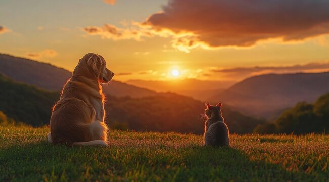 Golden Retriever and Cat Silhouetted at Sunset Peaceful Mountain View Animal Companionship
