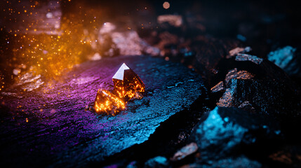 vibrant fantasy scene featuring glowing crystals on textured surface, surrounded by shimmering particles. colors blend beautifully, creating magical atmosphere