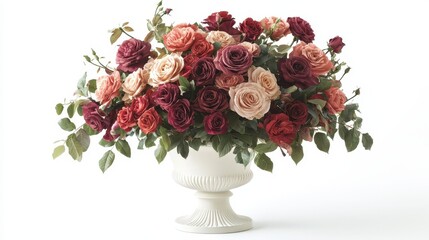 Obraz premium A beautiful bouquet of roses placed in a white vase on a white isolated background