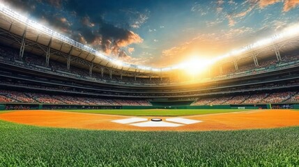 Professional baseball grand arena in sunlight