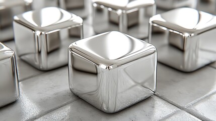 A series of rotating 3D cubes with smooth reflective surfaces, creating a mesmerizing effect.