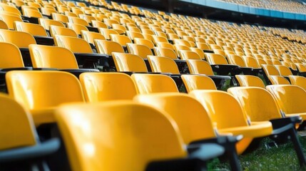Naklejka premium yellow tribunes. seats of tribune on sport stadium. empty outdoor arena. concept of fans. chairs for audience. cultural environment concept. color and symmetry. empty seats. modern stadium