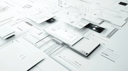 Abstract digital composition showcasing layered white documents and data structures in a modern workspace