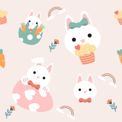 Seamless pattern cute easter rabbits with eggs and flowers, color pastel.