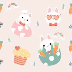 Obraz premium Seamless pattern cute easter rabbits with eggs and flowers, color pastel.
