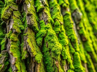 Macro Photography: Green Oak Tree Bark Texture, Detailed Close-up