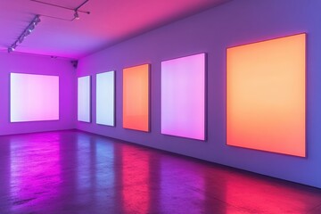 A modern art gallery featuring colorful, illuminated wall panels in vibrant hues, creating a serene and contemplative atmosphere.