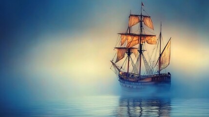 Obraz premium Sailing ship in morning mist, calm sea, sunrise