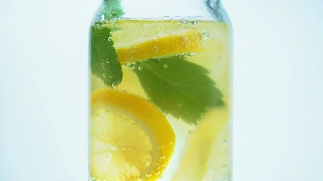 glass jar of sparkling lemonade with thin lemon slices and fresh mint