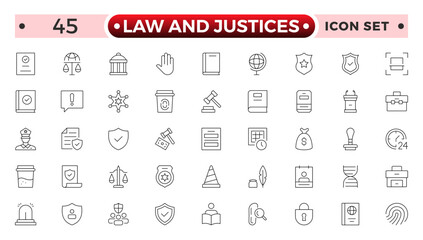 law and Justices icon set such as thin line divorce, protection law, diplopy, law enforcement, firm, police badge, services icons for report, presentation, diagram justice set.