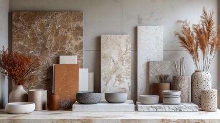 A flat lay of interior design material samples including marble, wood, and stone in mocha mousse color tones, minimalist photography, trending on Pinterest