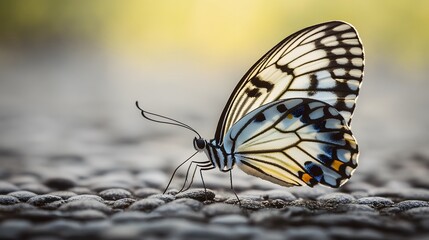 Obraz premium Closeup of a Beautiful Black And White Butterfly on Pebble Surface