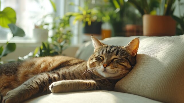 Contented tabby cat peacefully napping on a cushion in sunlit home with plants