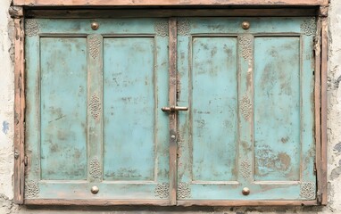 Fototapeta premium Antique Teal Wooden Double Door Rustic Weathered Exterior Vintage