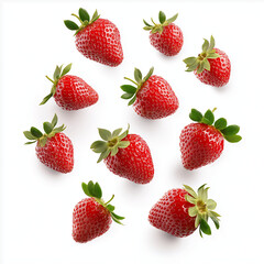 Fresh strawberries arranged on white background, showcasing their vibrant red color and green leaves. Perfect for food photography or healthy life themes