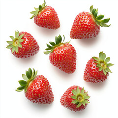 Fresh strawberries arranged on white background, showcasing their vibrant red color and green leaves. Perfect for culinary use or as healthy snack