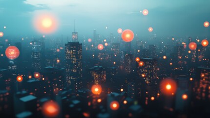 Obraz premium Airborne PM2.5 particles illustrated as glowing orbs in a polluted cityscape, artistic visualization of air quality issues.