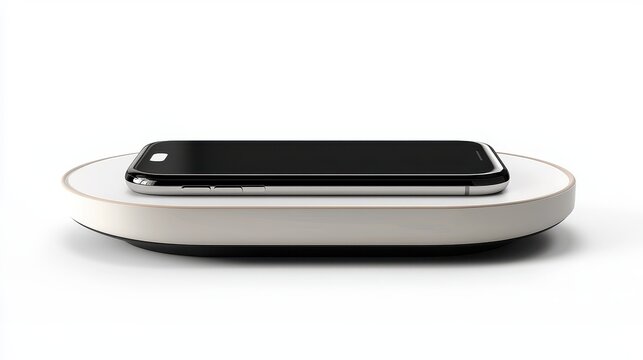A modern wireless charging pad with a smartphone placed on top, on a white isolated background