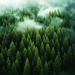 A lush forest landscape enveloped in mist, showcasing an abundance of tall green trees and a serene, tranquil atmosphere.