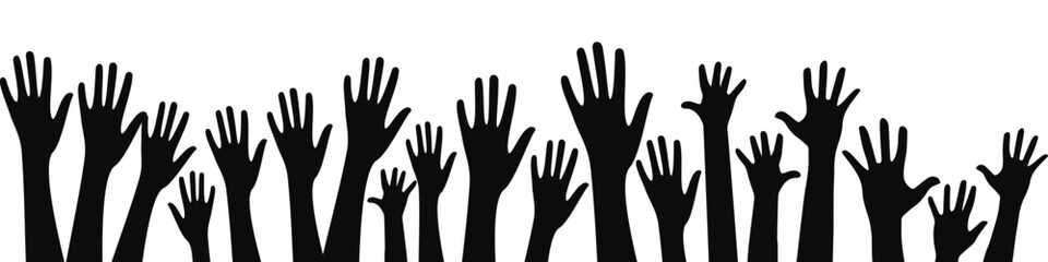 people raising hand silhouettes. People raising hand at the concert. row of hands reaching up in the air Silhouette. The hands are all different shapes and sizes.
