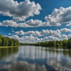 Obraz premium A clear day with white fluffy clouds over a park lake.