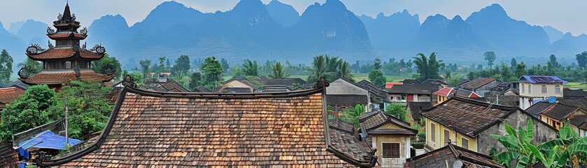 A scenic view of lush greenery and traditional architecture, set against a backdrop of majestic mountains under a clear sky.