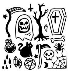 halloween pumpkin and ghost element set, horror tattoo design set