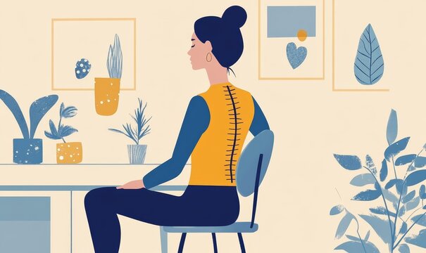 Woman Suffering from Back Pain Due to Bad Posture, Highlighted Spine, Health Concept, Sitting, Discomfort, Chiropractic, Musculoskeletal Issues, Medical Illustration, Generative AI