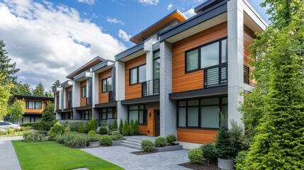 Modern Townhouses Nestled In A Lush Green Landscape Under A Vibrant Blue Sky.  The Architecture Is Sleek And Contemporary, Showcasing A Blend Of Wood And Stone.