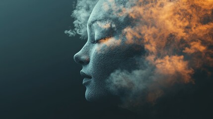 Artistic human face merging with abstract smog particles, symbolic representation of personal and environmental health.