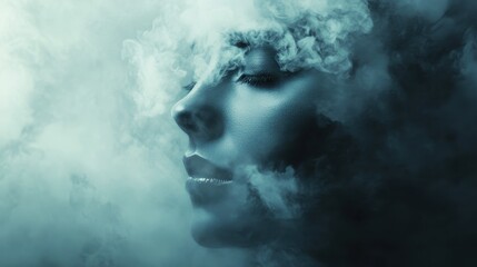 Artistic human face merging with abstract smog particles, symbolic representation of personal and environmental health.