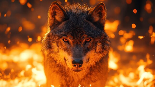 Fiery Wolf Forest Blaze Night Wildlife