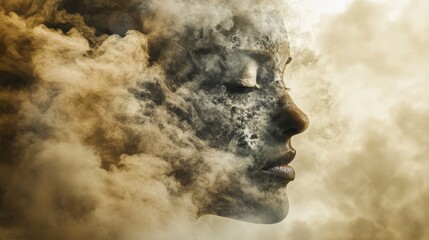 Artistic human face merging with abstract smog particles, symbolic representation of personal and environmental health.