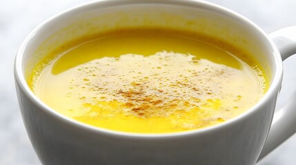 Golden Turmeric Latte in White Mug Closeup Photography
