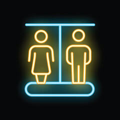 Neon restroom sign with man and woman figures standing on a platform